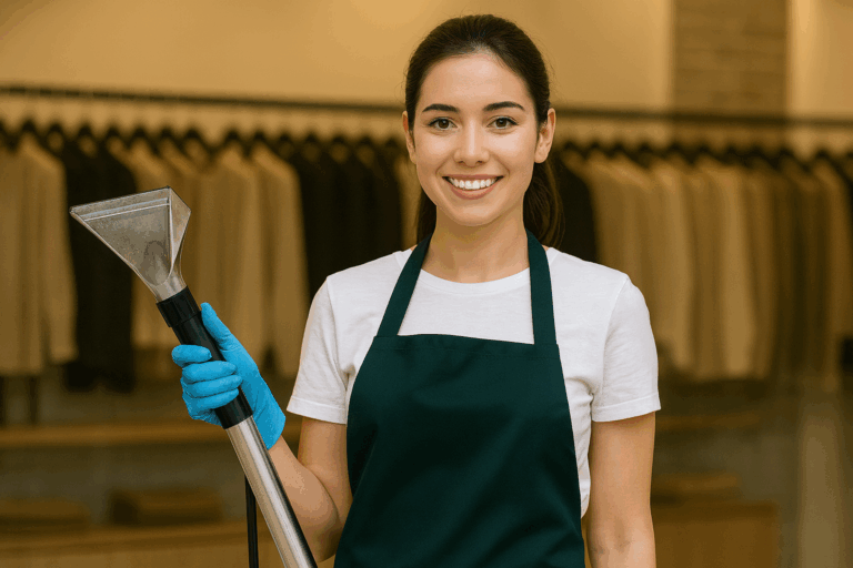 Υπάλληλος της Basiaridis Cleaning με επαγγελματικό εξοπλισμό καθαρισμού στη Θεσσαλονίκη